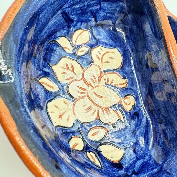 Portuguese Pottery Clay Terracotta Mini Blue Floral Olive Dish Hand-painted (2) - Picture 5 of 7
